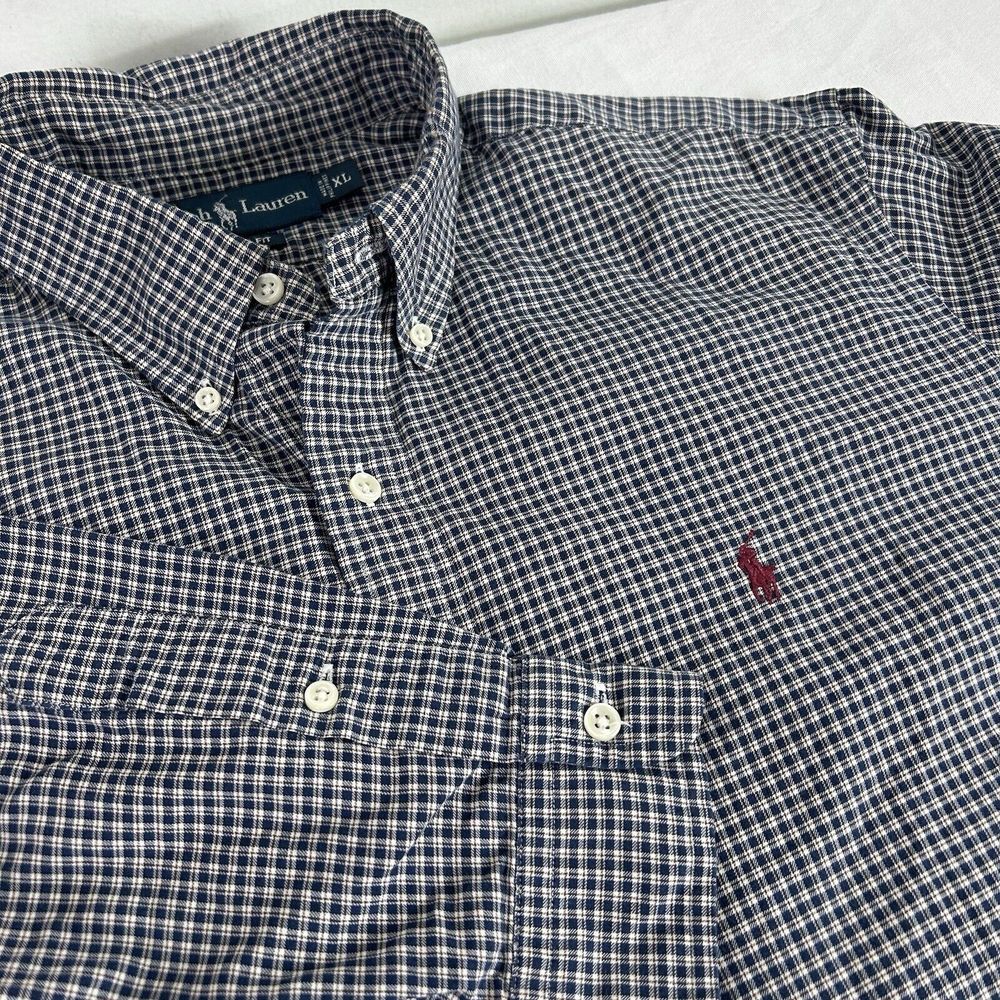 Men's Ralph Lauren Classic Fit Cotton Shirt Blue Plaid Burgundy Pony Men's XL‎